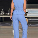 2 Pieces Outfit Pleated Design Deep V-Neck Sleeveless Asymmetrical Hem Top and Casual Elastic Waist Wide Leg Pants Set with Detachable Belt