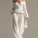 Elegant Color-blocked White Halter-neck Long-sleeved Knit Top And Pants Set
