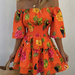Women's Stretchy Off Shoulder Vacation Dress Tropical Fruit Floral Shirred Waist Ruffle Hem A Line Dress