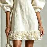 White 3D Floral Puff-Sleeve Cotton-Linen Mini Dress