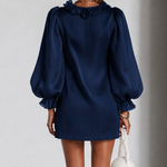 Navy Ruffled Puff-Sleeve Loose Straight-Cut Mini Dress