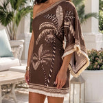 Women's Tropical Print One Shoulder Mini Dress Three Quarters Sleeve Fringe Hem Vacation Dress