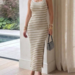 Women's Stripe Midi Dress Square Neck Ribbed Knit Bodycon Dress Backless Side Slit Vacation Dress
