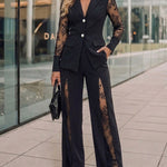 Women's 2 Piece Blazer Suit Set Elegant Lace Patchwork Long Sleeve Coat and High Waisted Straight Leg Pants
