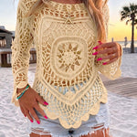 Women's Crochet Hollow Out Knit Top Batwing Sleeve Loose Cover Up Asymmetric Hem Sheer Bohemian Knitwear
