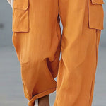 Orange Cotton-linen Multi-pocket Wide-leg Overalls