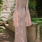 Pink Lace V-Neck Flare-Sleeve Maxi Dress With Side Slit
