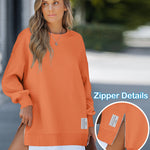 Letter Patch Detail Long Sleeve Drop Shoulder Pullover Sweatshirt Casual Zipper Side Slit Top