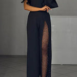 Margovil Stylish One Shoulder Slit Long Sleeve Mesh Splice Wide Leg Jumpsuit