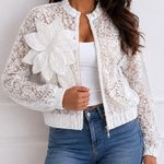 Women's Sheer Lace Bomber Jacket Lightweight Mesh See Through Crop Coat with Detachable 3D Floral