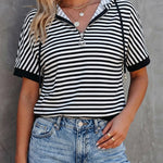 Women's Striped Half Zip Drawstring Hoodie Short Sleeve Sweatshirt Loose Contrast Trim Casual Pullover Top