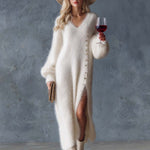 Comfortable Lazy Exquisite V-neck Metal Button White Imitation Rabbit Fur Knitted Side Slit Midi Dress
