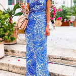 Halter Short Sleeves Backless Printed Maxi Dress
