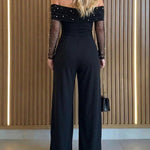 Women's Foldover Off Shoulder Pearl Mesh Jumpsuit Sheer Long Sleeve High Waist Flare Leg Jumpsuit with Pockets