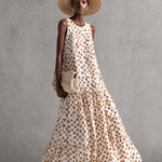 Fashionable Sophisticated Elegant Round Neck Sleeveless Polka Dot Printed Off-white Chiffon Vacation Maxi Dress