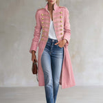 Vintage Washed Denim Military Officer Longline Gold-Button Fitted Statement Coat Women