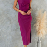 Ruched Cap Sleeve Side Slit Bodycon Midi Dress