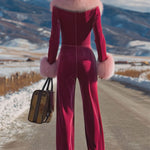 Fashion Retro Rose Red Velvet Faux Fur Collar Long Sleeve Flared Jumpsuit