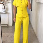 Women's 2 Piece Outfits Short Sleeve Button Down Top and Straight Leg Pants Set Casual Commuter Suits
