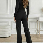Golden Button Decor Long Sleeve Seam Front Overalls Casual Zipper Back Faux Two-Piece Commuting Jumpsuit