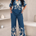 Women's Tropical Plants Print 2 Piece Outfits V Neck Drawstring Ruched Top and Wide Leg Pants Set Casual Loose Loungewear
