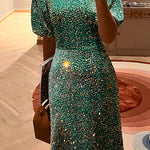 Puff Short Sleeves Waisted Sequin Midi Party Dress