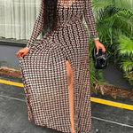 Geometric Print Long Sleeve Waist Tied Detail Maxi Dress Casual Slim Fit Slit Vacation Dress