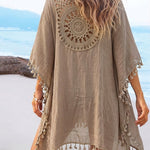 Women's Front & Back Reversible Beach Cover Up Crochet Lace Hollow Out Spliced Tassel Vacation Caftan Dress