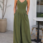 V-Neck Adjustable Spaghetti Straps Backless Overalls Casual Zipper Back Wide Leg Jumpsuit with Convertible Ruffles Tie Panel