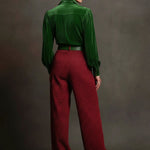 Retro Green Velvet Pleated Long-sleeved Shirt And Houndstooth Wide-leg Pants Set