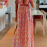 V Neck Short Sleeves Backless Printed Maxi Dress