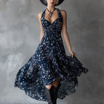 Retro Classic Floral Print Navy Blue Chiffon Sleeveless Maxi Dress