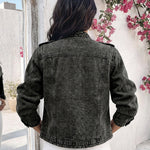 Button Decor Stand Collar Long Sleeve Jacket Casual Denim Coat