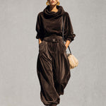 Vintage Sophisticated Casual Brown Velvet Hoodie And Loose Pants Set