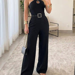 Rhinestone Decor Criss Cross Halter Sleeveless Hollow Water Drop Front Overalls Elegant High Waist Zipper Back Jumpsuit with Rhinestone Decor Belt