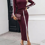 2 Pieces Outfit O-Neck Long Sleeve Slit Cuffs Top and Elastic Waist Slit Front Skirt Set Casual Contrast Striped Set