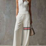 Sporty Retro White Striped Embroidered Sleeveless Vest And Wide-Leg Pants Set