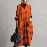 Vintage Fashion Ultra Loose V-neck Large Pockets Orange And Brown Wide Striped Maxi Dress