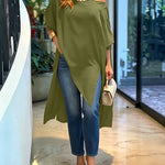 Women's Skew Neck Batwing Sleeve Tee Asymmetric Loose Cape Blouse Slit Elegant Top