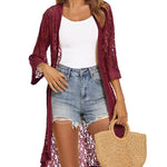 Nadorine Women Lace Crochet Coverups Open Front Cardigan Sheer Cover Up 3/4 Sleeve Kimono (US Only)