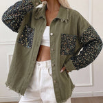 Women's Sequin Patchwork Denim Jacket Raw Hem Button Down Coat Long Sleeve Shacket with Pockets