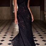 Margovil Spaghetti Strap Back Lace-up Applique Flower Lace Maxi Dress