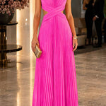 Margovil Crewneck Sleeveless Open Back Pleated Maxi Dress