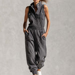 Stylish Simple Loose-fitting Sleeveless Stand-collar Front-buttoned Cotton Gray Jumpsuit