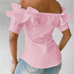 Ruffles Off Shoulder Short Sleeve Button Front Blouse Asymmetrical Hem Top