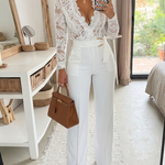 Crochet Lace Trim Deep V-Neck Floral Lace Spliced Ovearalls Casual Zipper Back Seam Front Jumpsuit with Belt