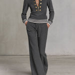 Fashionable Sporty Grey Half-zip Button Sweatshirt And Wide-leg Pants Set