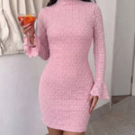 Women's Heart Jacquard Mini Dress Flared Cuffs Mock Neck Bodycon Dress Frill Hem Party Clubwear with Lining