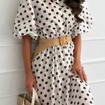 Lapel Lantern Short Sleeves Button Up Polka Dot Midi Dress