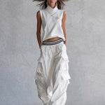 Exquisite Fashion Athletic Workwear Style White Cotton Sleeveless Top With A Mock Neck And  Pants Set